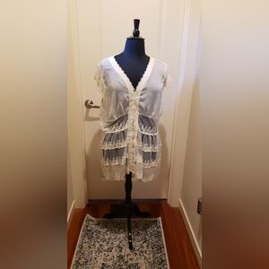 Elegant Lace Trim Sheer Robe - Cream